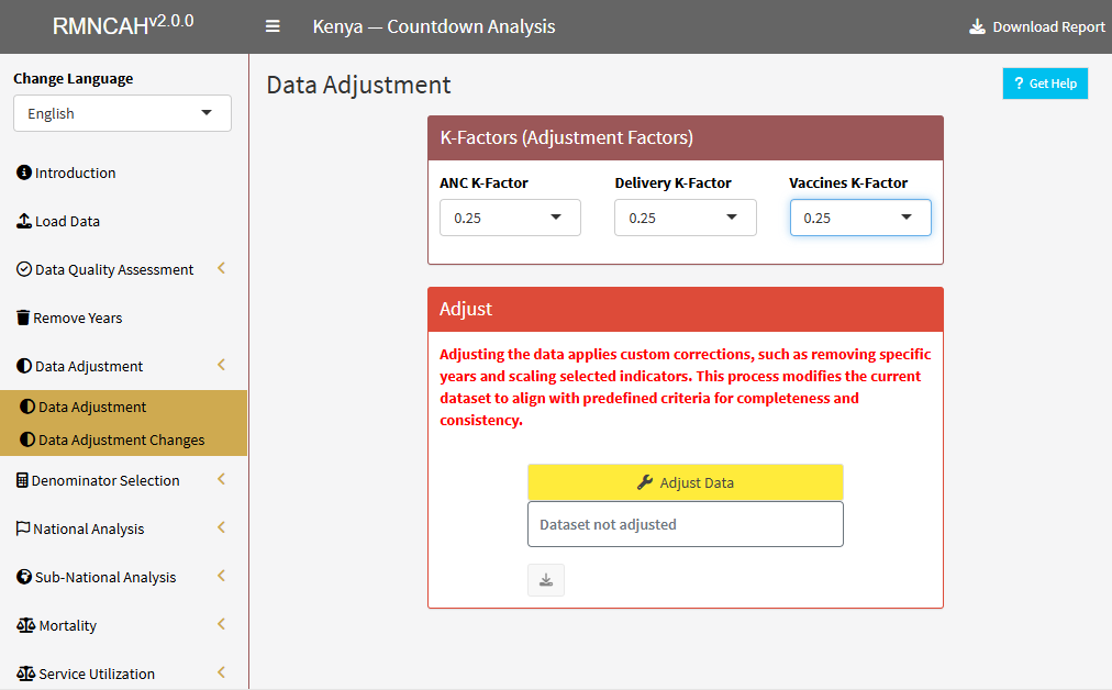 Data adjustment screen with k-factor selection