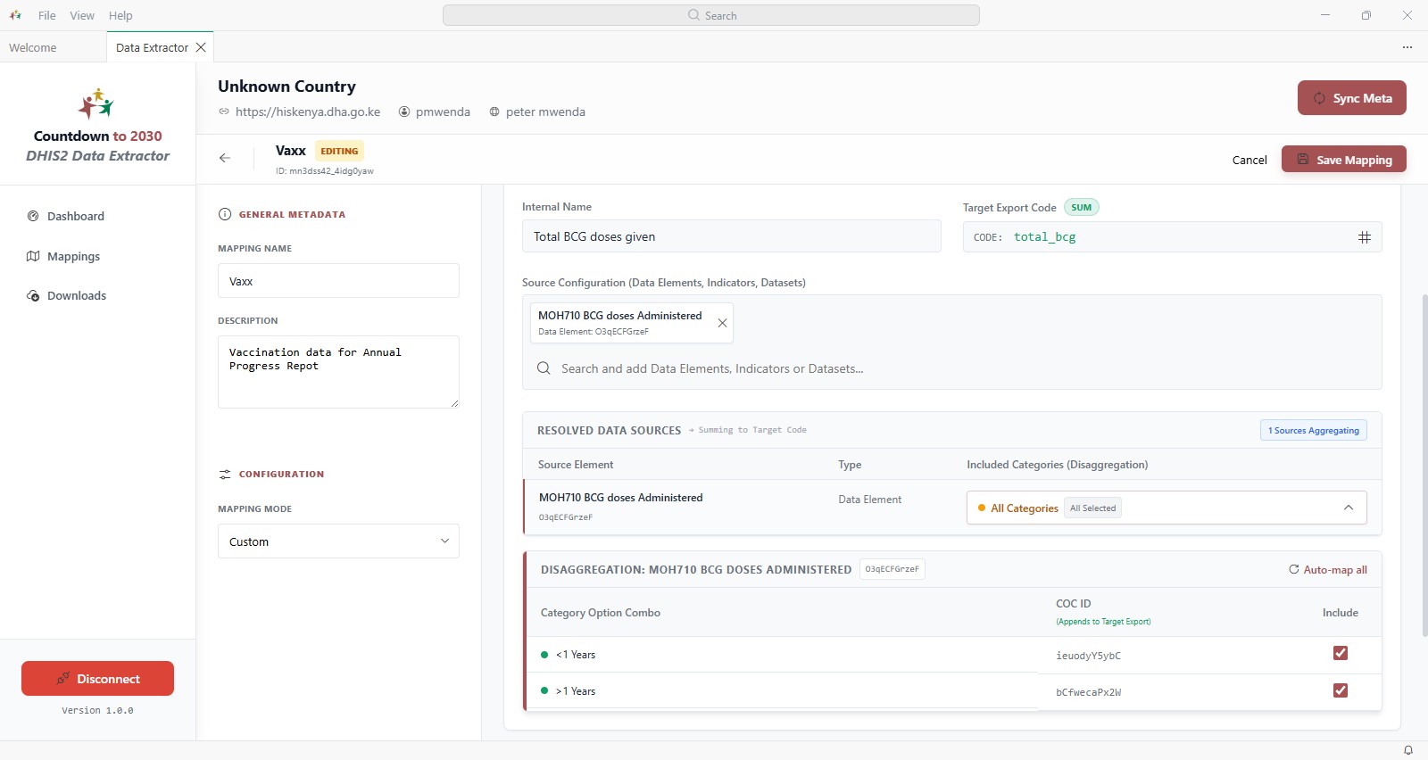 Indicators Configuration in Custom mode with a data element source and its disaggregation