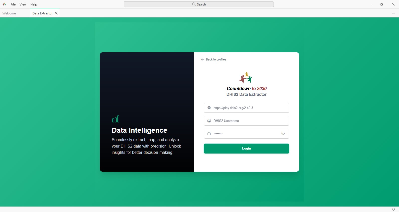DHIS2 login screen of the Data Extractor