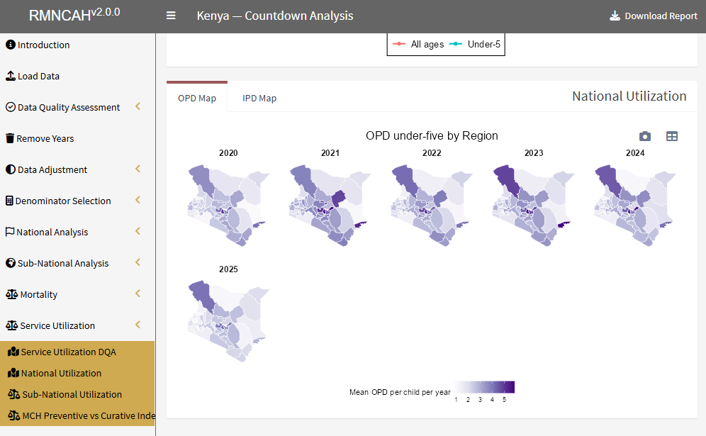 Map of under-5 OPD visits per child per year by region