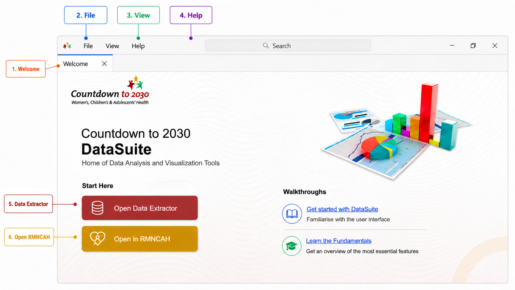 DataSuite welcome page with numbered interface elements